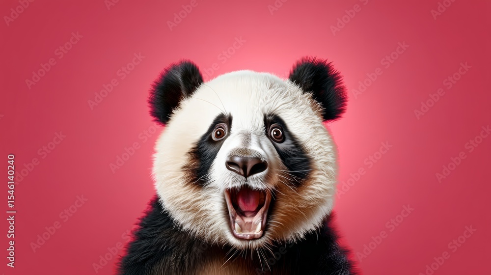 Obraz premium Panda bear is shown with its mouth wide open, looking surprised. The image has a playful and lighthearted mood