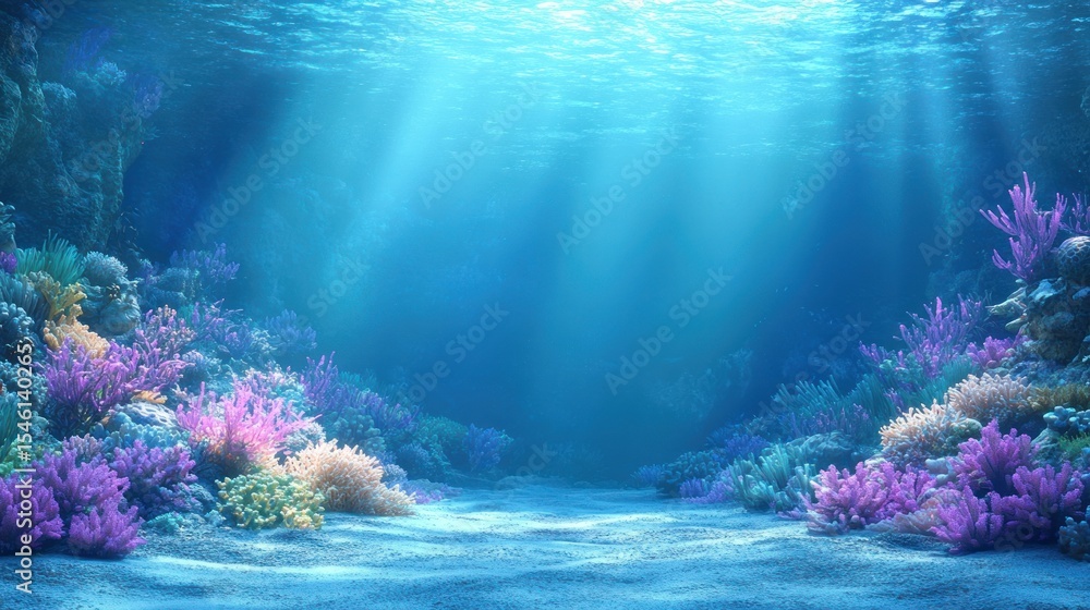 Naklejka premium Vibrant underwater scene of coral reefs illuminated by sunlight.