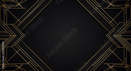 Geometric art deco design with gold lines on a black background creating a diamond shape frame