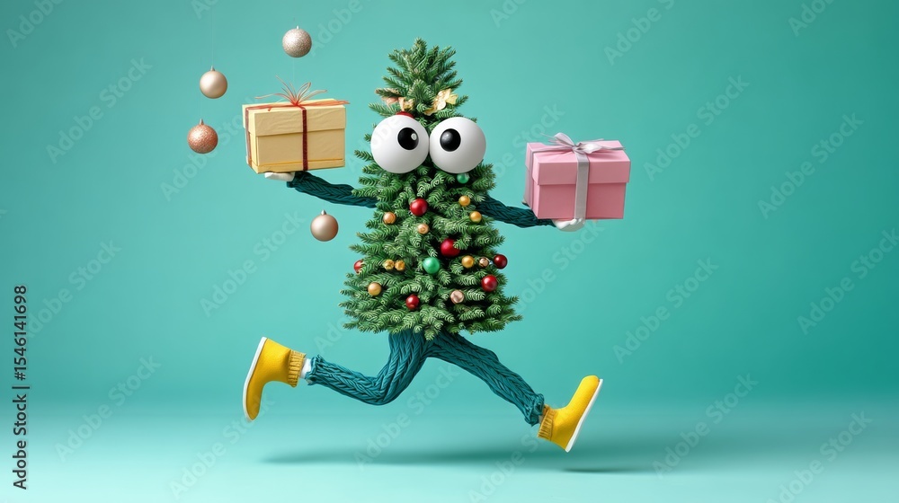 Fototapeta premium Christmas tree with a man in yellow boots holding presents. The tree is decorated with many ornaments and the man is running