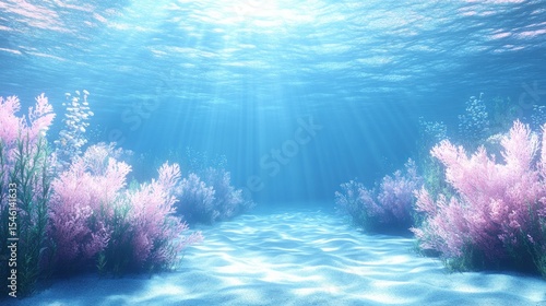 Underwater scene with pink coral and sunlight.