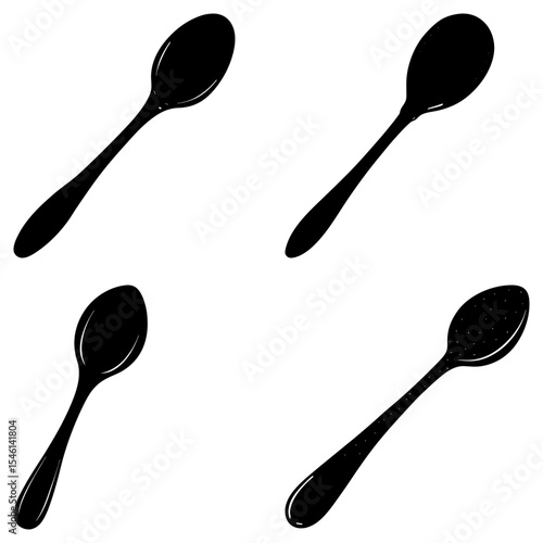 Four black spoons arranged in a square pattern on a white background kitchen utensils silverware