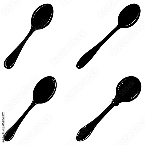 Illustration showing a set of four black spoons with different designs on a white background view from above