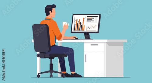 Data Analysis Reviewing Business Charts and Graphs on Desktop Computer