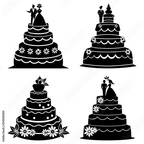 Silhouette illustration of four tiered wedding cakes with toppers and floral decorations