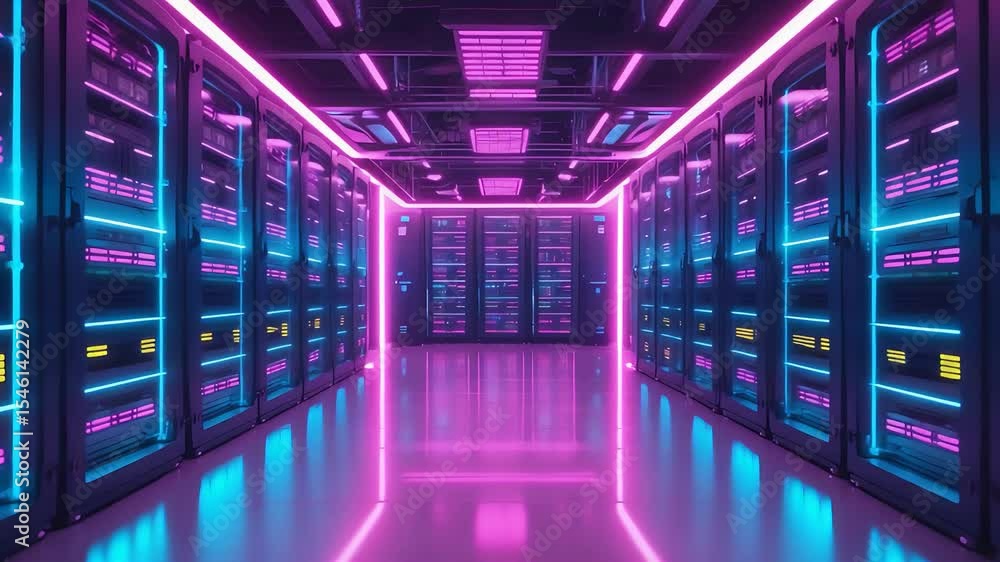 Neon Lit Data Center Interior with Rows of Futuristic Servers Illuminated by Purple and Blue Lights in High-Tech Digital Environment
Neon Lit Data Center Interior with Rows of Futuristic Servers Illuminated by Purple and Blue Lights in High-Tech Digital Environment