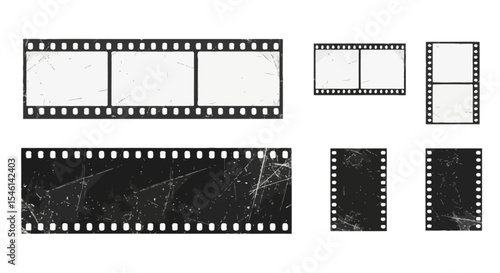 Vintage Film Strips Grunge Texture Photo Frames, Blank Negative Film Rolls, Retro Movie Reel Border Illustrations