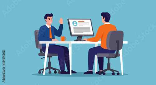 Job Interview Candidate and Interviewer Discussion,  Reviewing Resume and Application on Computer