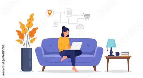 Woman Working Remotely from Home on Laptop, Comfortable Sofa, Home Office Setup, Freelance Work, Online Business