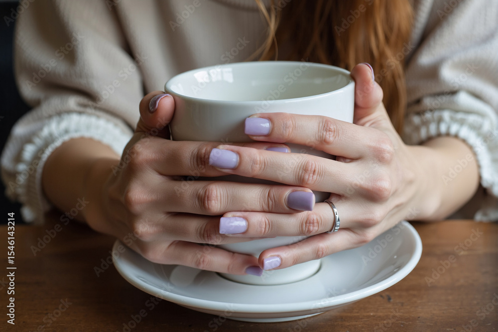 Close-up of a woman's hands with a delicate lavender manicure gently holding a large warm ceramic mug of coffee or tea, enjoying a cozy and relaxing moment at a cafe table Close-up of a woman's hands with a delicate lavender manicure gently holding a large warm ceramic mug of coffee or tea, enjoying a cozy and relaxing moment at a cafe table