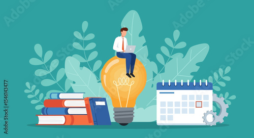 Innovative Business Ideas Planning, Strategy & Execution with Laptop, Calendar & Books