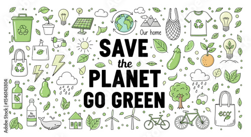 Save the Planet Go Green - Eco-Friendly Living and Sustainability Illustrations