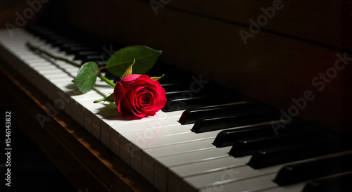 Red rose on piano keys in dimly lit room  