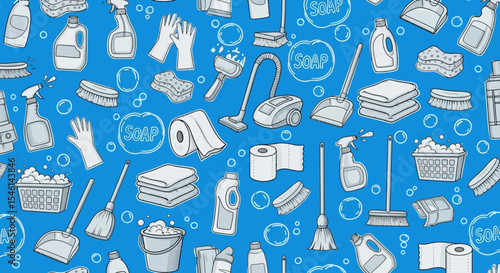 Cleaning Supplies Seamless Pattern Doodle Illustration of House Cleaning Tools and Products