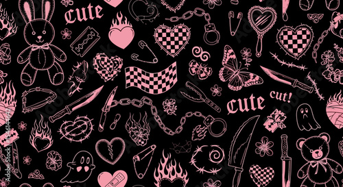 Pink and Black Cute Kawaii Seamless Pattern Design Goth Grunge Aesthetic