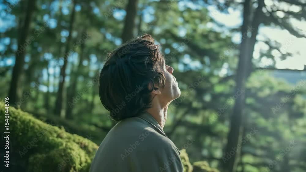 Young Man Embracing Nature and Sunlight in a Serene Forest Environment Young Man Embracing Nature and Sunlight in a Serene Forest Environment