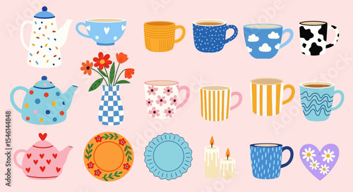 Cute and Colorful Teacups, Teapots, and Plates A Delightful Collection of Illustrations
