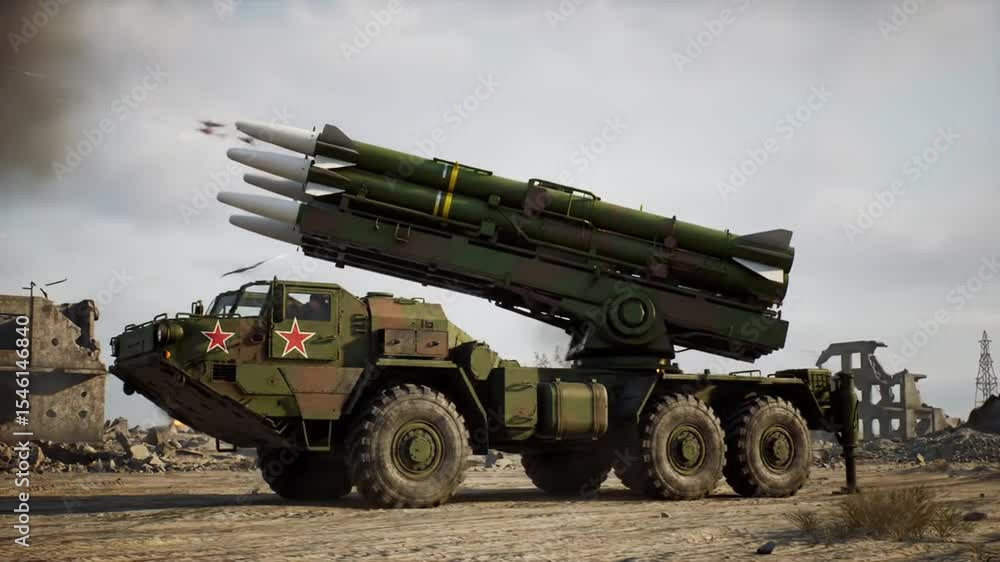 Camouflaged Missile Launcher Vehicle with Red Star Insignia in War-Torn Landscape Camouflaged Missile Launcher Vehicle with Red Star Insignia in War-Torn Landscape