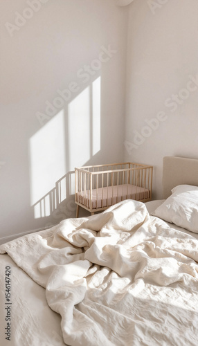 Cozy bedroom with messy bed and crib in morning light  