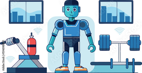 Funny cartoon robot cyborg with a dumbbell and a man in red, isolated vector illustration