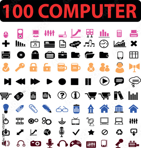 A collection of one hundred computer icons representing various technological and business concepts