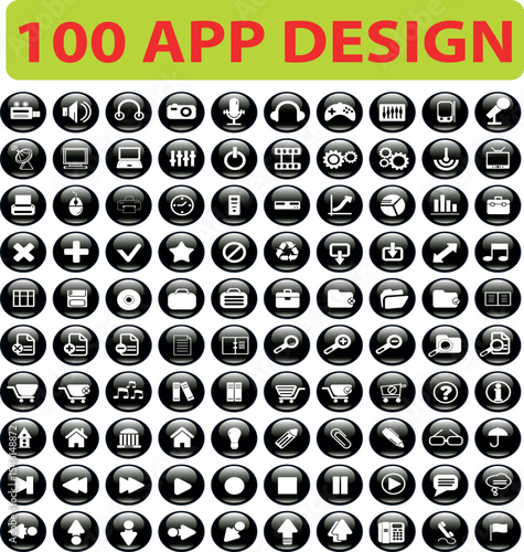 A collection of one hundred black glossy app design icons with various modern symbols