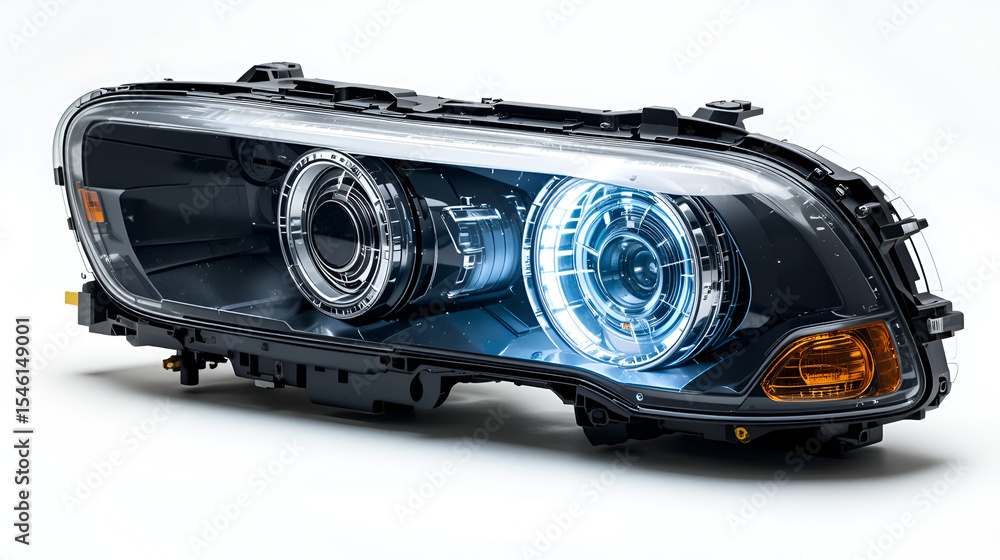 Obraz premium Xenon is a new lamp for automotive headlights on a white background. Gas-discharge lighting devices Xenon is a new lamp for automotive headlights. Used auto parts catalog from junkyard.
