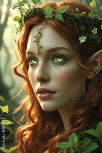 Forest Elf Woman with Glowing Eyes and Leaf Crown