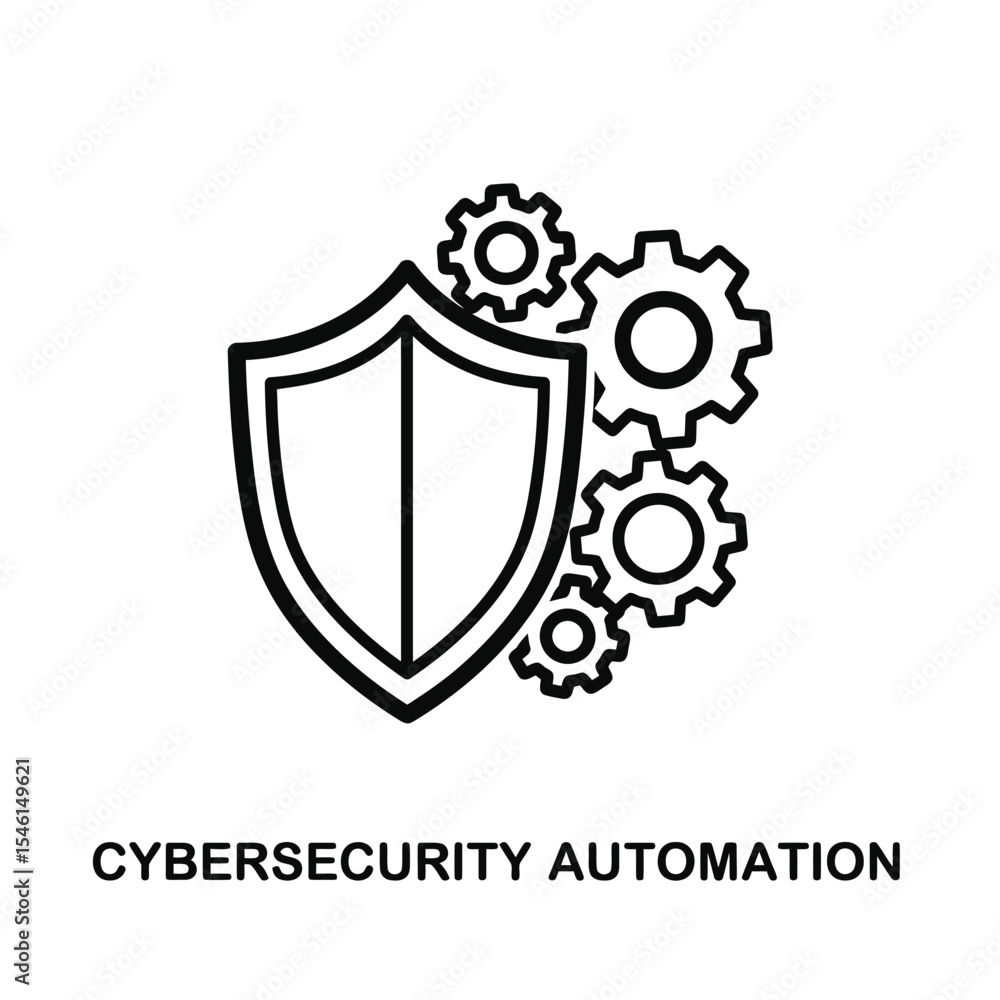 Fototapeta premium Cybersecurity Automation Shield Gears Icon Black Line Art