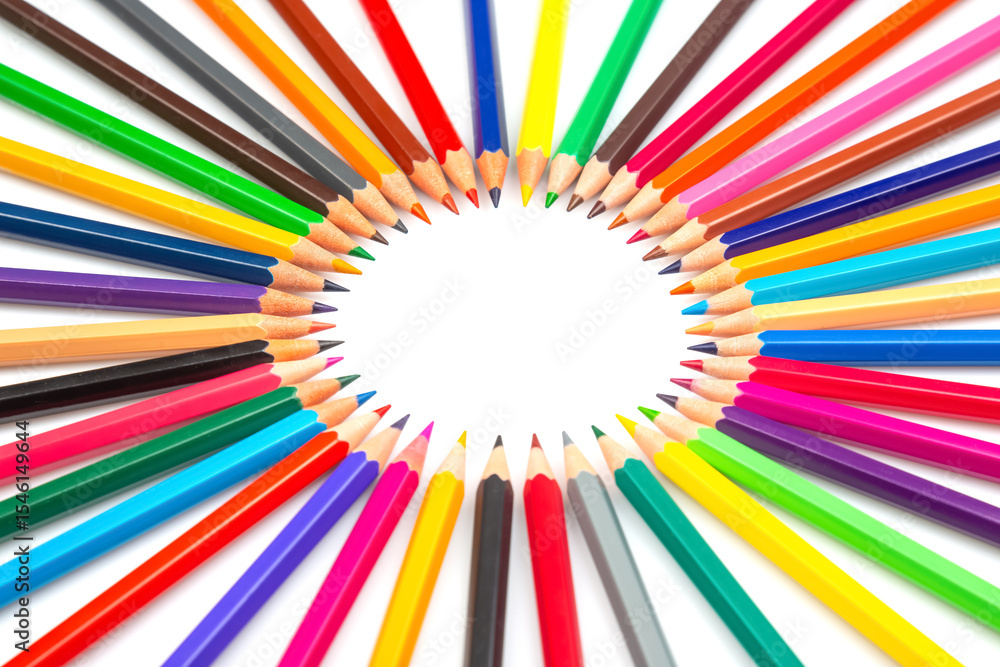 A circle of colorful pencils radiating outward on a white background, creating a vibrant frame. Perfect for art, creativity, and education themes with a bright, cheerful vibe. A circle of colorful pencils radiating outward on a white background, creating a vibrant frame. Perfect for art, creativity, and education themes with a bright, cheerful vibe.