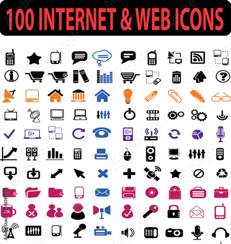 Collection of one hundred internet and web icons illustrating various digital concepts
