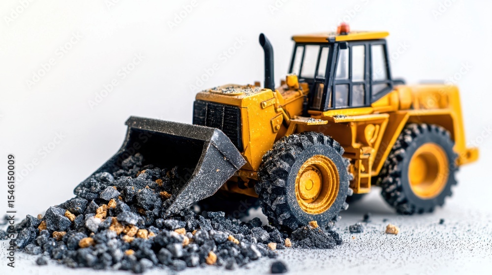Yellow toy front loader with an excavator shovel is moving small pile of coal. Construction and mining model for children's play. Yellow toy front loader with an excavator shovel is moving small pile of coal. Construction and mining model for children's play.