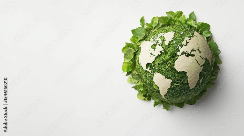 Conceptual flat lay of a green earth globe surrounded by leaves. Environmental activism and sustainability concept for nature. Conceptual flat lay of a green earth globe surrounded by leaves. Environmental activism and sustainability concept for nature.