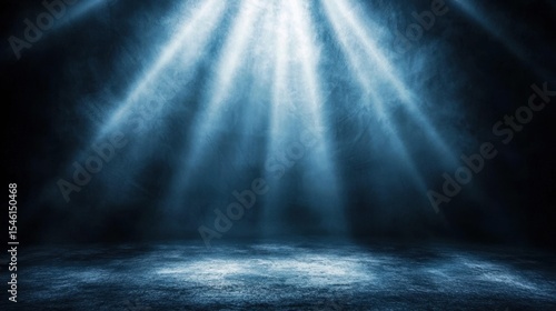 Bright stage spotlight shining on a dark floor in a dusty  smoky room. Atmospheric concert background with strong light beam.