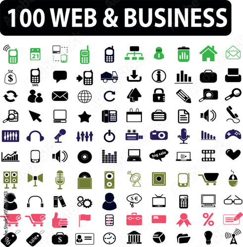 Collection of one hundred web and business icons representing various concepts and elements