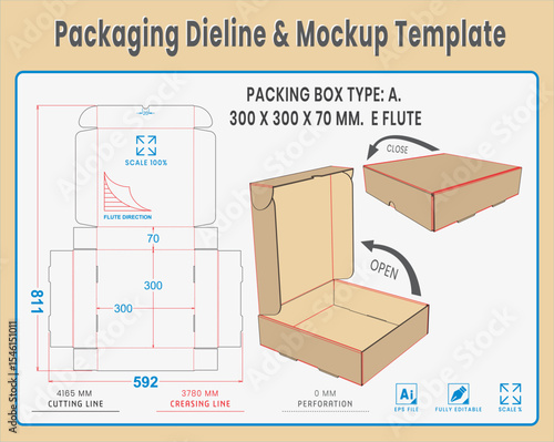 Packaging Dieline and Mockup Template. Dieline Real Shape and Dimension. Mockup Template. Fully editable vector. Equipped die cut lengths prepared for production.