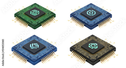 Colorful Semiconductor Chips Green Blue Isometric Style on Black