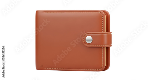 Classic Tan Leather Wallet with Metal Button on Transparent Background