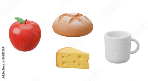 Still Life Shiny Red Apple, Bread, Cheese Slice, and White Mug on Transparent Background