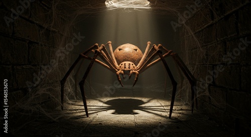 Giant rusty spider in dark stone dungeon lair webbed walls 3d art gray fear game scary light brown