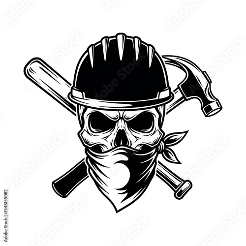 Skull Wearing a Hard Hat with Crossed Hammer and Pickaxe Symbolizing Industrial Strength