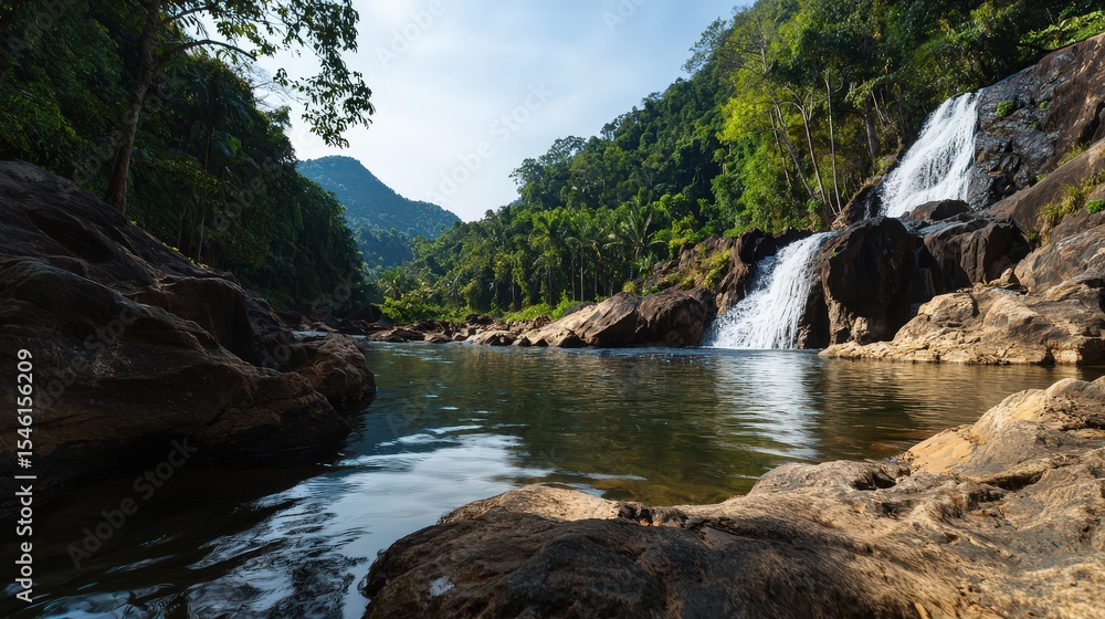 Tranquil waterfall adventure lush forest landscape scenic nature photography serene environment eye-level perspective Tranquil waterfall adventure lush forest landscape scenic nature photography serene environment eye-level perspective