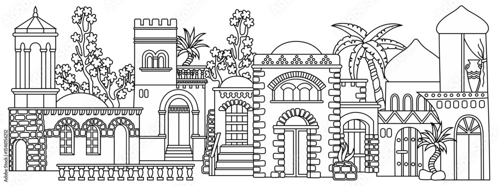 Obraz premium Line art vector illustration of an oriental city with domes, towers, and minarets. Perfect for Arabian, Islamic, and fairytale themed designs