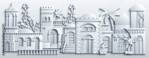 White papercut style vector illustration of an oriental city with domes, towers, and minarets. Perfect for Arabian, Islamic, and fairytale themed designs