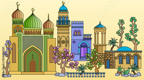 Colorful vector illustration of an oriental city with domes, towers, and minarets. Perfect for Arabian, Islamic, and fairytale themed designs