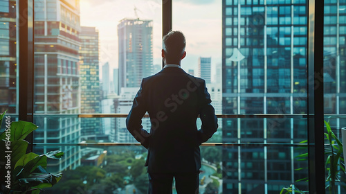 professional business man executive ceo manager, rich male investor wearing suit standing his back in big cozy office interior looking through skyscraper window thinking of future success