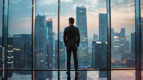 professional business man executive ceo manager, rich male investor wearing suit standing his back in big cozy office interior looking through skyscraper window thinking of future success