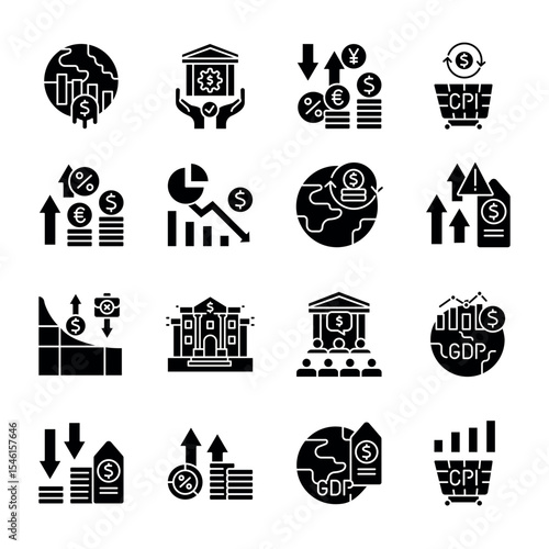 inflation black flat icons set for digital and print projects.
