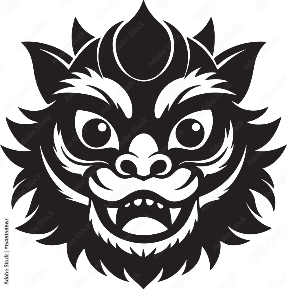 Fototapeta premium traditional lion dance mask silhouette, black and white silhouette, vector and illustration