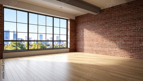 Empty loft room with city view